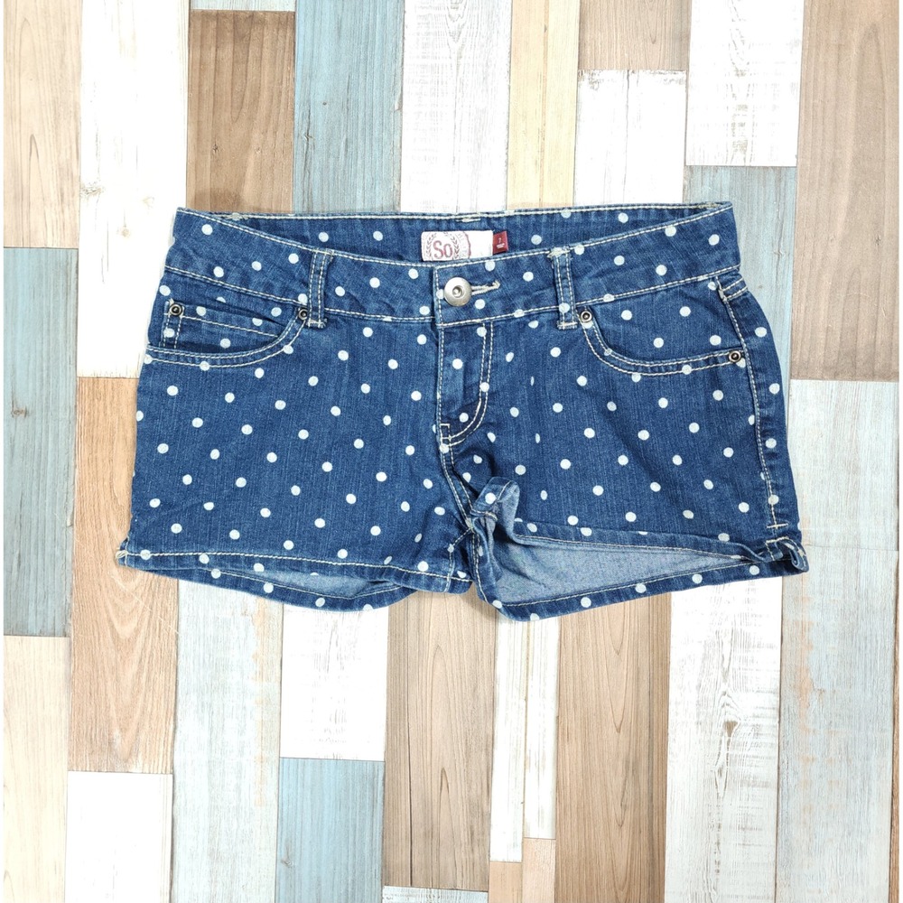 SO Heritage Blue Polka Dot Denim Shorts Womens Size 7 Casual Summer Cotton Blend